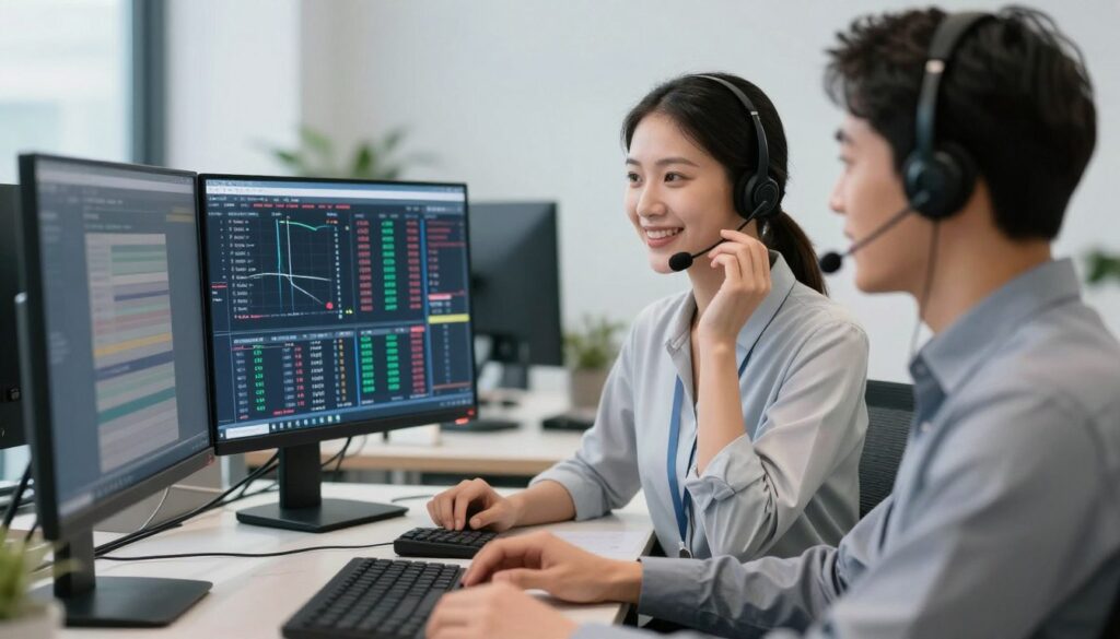 Customer support representative assisting trader