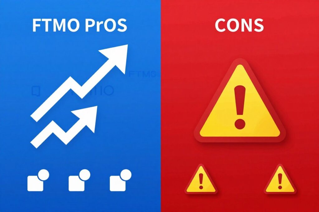 FTMO advantages and disadvantages visualization with positive and negative aspects