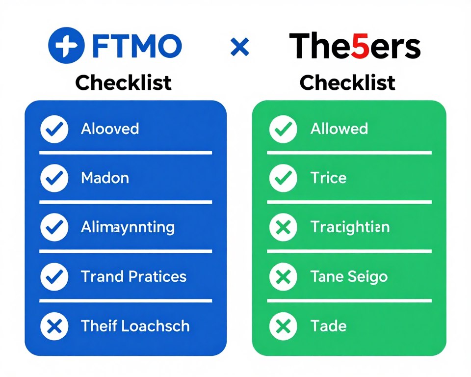 Trading rules checklist comparing FTMO and The5ers restrictions and requirements