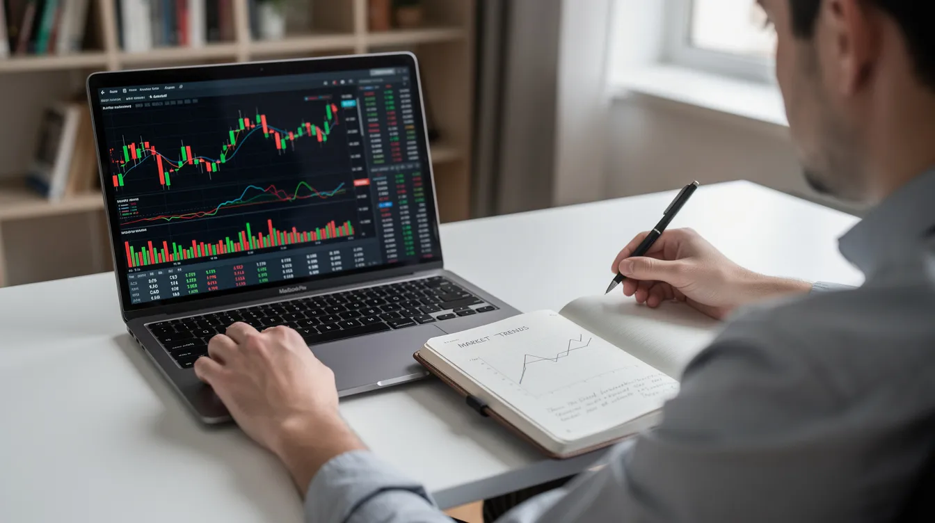 A person is seated at a desk, focused on a laptop displaying financial charts related to stock trading, while a notebook filled with notes sits beside it. This scene captures the essence of trading strategies and the analytical process involved in navigating financial markets.