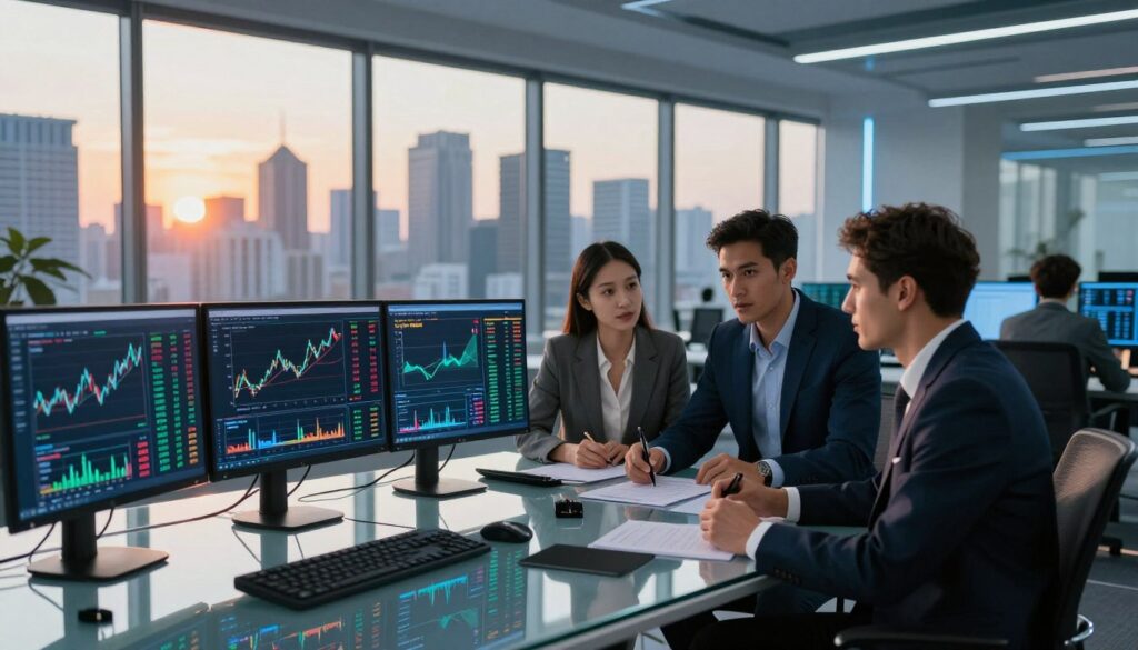 A futuristic office environment showcasing instant funding prop firms in 2026. In the foreground, a diverse group of three professionals, a woman in a smart blazer and two men in tailored suits, engage in a discussion, analyzing financial charts and screens filled with stock data. The middle ground features sleek glass desks with high-tech trading monitors and innovative financial tools, reflecting a modern workspace. In the background, large windows reveal a vibrant city skyline, bathed in the warm glow of a setting sun, casting dynamic shadows and illuminating the room. The atmosphere is energetic yet focused, with a color palette of blues and greens to symbolize finance and growth. The scene captures professionalism and ambition, embodying the essence of instant funding prop firms.
