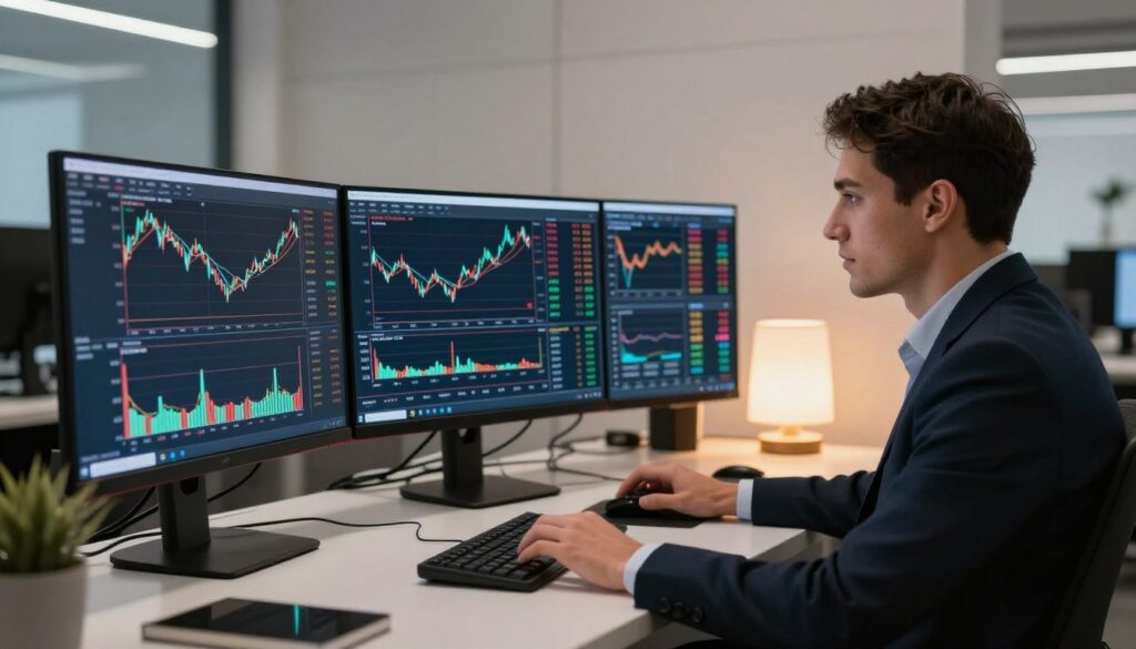 A modern forex trading workspace featuring a sleek computer setup with multiple monitors displaying intricate charts, graphs, and real-time forex data, specifically focusing on scalping strategies and zero spread accounts. In the foreground, a professional trader in a business suit is intently analyzing market trends, with a look of concentration and confidence. The workspace is well-lit with a soft, warm glow from desk lamps, creating an inviting yet focused atmosphere. The background shows a stylish office with minimalist decor, emphasizing a high-tech feel, while dynamic visuals of currency pairs can be subtly visible on the screens, enhancing the sense of urgency and precision in scalping trading. The composition captures the essence of professionalism and strategic acumen in forex trading. A modern forex trading workspace featuring a sleek computer setup with multiple monitors displaying intricate charts, graphs, and real-time forex data, specifically focusing on scalping strategies and zero spread accounts. In the foreground, a professional trader in a business suit is intently analyzing market trends, with a look of concentration and confidence. The workspace is well-lit with a soft, warm glow from desk lamps, creating an inviting yet focused atmosphere. The background shows a stylish office with minimalist decor, emphasizing a high-tech feel, while dynamic visuals of currency pairs can be subtly visible on the screens, enhancing the sense of urgency and precision in scalping trading. The composition captures the essence of professionalism and strategic acumen in forex trading.