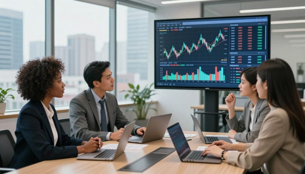 A modern office environment showcasing a diverse group of professional individuals engaged in discussions about trading strategies. The foreground features three people: a Black woman in a business suit, a Hispanic man in formal attire, and an Asian woman in smart casual wear, all gathered around a sleek conference table with laptops and trading charts. The middle ground displays a large digital screen with financial graphs and market analytics. The background reveals a panoramic view of a bustling city skyline through large windows, with soft natural lighting illuminating the scene. The atmosphere is one of collaboration, focus, and professionalism, capturing the essence of reliable prop firms in an innovative and trustworthy setting. A modern office environment showcasing a diverse group of professional individuals engaged in discussions about trading strategies. The foreground features three people: a Black woman in a business suit, a Hispanic man in formal attire, and an Asian woman in smart casual wear, all gathered around a sleek conference table with laptops and trading charts. The middle ground displays a large digital screen with financial graphs and market analytics. The background reveals a panoramic view of a bustling city skyline through large windows, with soft natural lighting illuminating the scene. The atmosphere is one of collaboration, focus, and professionalism, capturing the essence of reliable prop firms in an innovative and trustworthy setting.