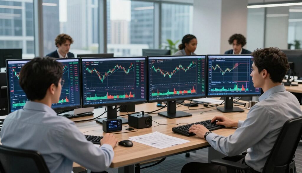 A modern office setting featuring a diverse group of four professional traders analyzing forex market charts on four large screens. In the foreground, two traders, one male and one female, are focused on a screen displaying fluctuating currency pairs with "Zero Spread" indicators. In the middle, a stylish wooden desk holds high-tech trading tools and financial reports, while the background shows a city skyline through tall glass windows, illuminated by bright daylight. The mood is dynamic and serious, emphasizing concentration and professionalism, with soft, natural lighting that creates a sleek atmosphere. Capture the essence of strategic decision-making in forex trading. A modern office setting featuring a diverse group of four professional traders analyzing forex market charts on four large screens. In the foreground, two traders, one male and one female, are focused on a screen displaying fluctuating currency pairs with "Zero Spread" indicators. In the middle, a stylish wooden desk holds high-tech trading tools and financial reports, while the background shows a city skyline through tall glass windows, illuminated by bright daylight. The mood is dynamic and serious, emphasizing concentration and professionalism, with soft, natural lighting that creates a sleek atmosphere. Capture the essence of strategic decision-making in forex trading.