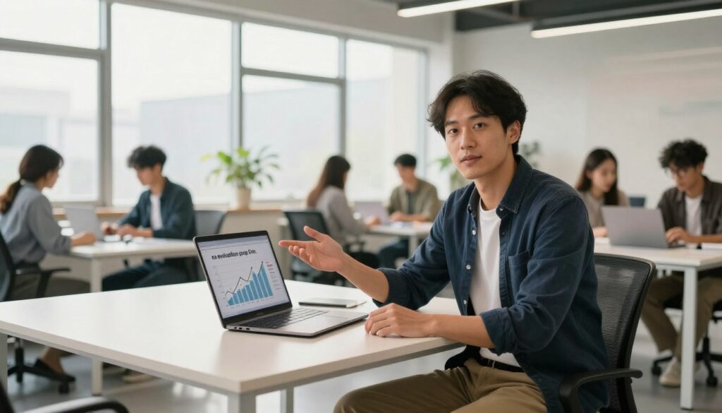 A modern office setting representing the concept of "no evaluation prop firm." In the foreground, a confident business professional in smart casual attire sits at a sleek, minimalist desk, gesturing towards a laptop displaying a growth chart. The middle ground features an open office space with bright, natural light streaming through large windows, enhancing the atmosphere of opportunity and innovation. In the background, other professionals collaborate over documents and laptops, depicting a vibrant workspace. Soft, warm lighting creates a welcoming ambiance, while a slight depth of field draws focus to the central figure, emphasizing their assurance in this new funding model. The image conveys a sense of progress and the exciting future of instant funding prop firms in 2026.