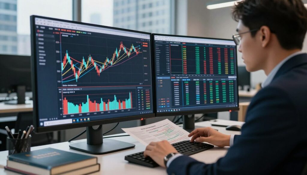 A modern, sleek trading desk featuring high-resolution charting software on a large monitor, with a professional trader focused intently on analyzing stock market trends. The foreground showcases an organized workspace, decorated with trading books and financial reports, illuminated by soft, ambient lighting. In the middle ground, the vibrant charting software displays intricate candlestick patterns, moving averages, and trend lines, demonstrating precision trading techniques. The background includes a large window revealing a bustling city skyline, conveying a sense of ambition and success. The atmosphere is tense yet focused, emphasizing a professional environment. The lens captures this scene from a tilted angle, adding dynamic depth to the image. A modern, sleek trading desk featuring high-resolution charting software on a large monitor, with a professional trader focused intently on analyzing stock market trends. The foreground showcases an organized workspace, decorated with trading books and financial reports, illuminated by soft, ambient lighting. In the middle ground, the vibrant charting software displays intricate candlestick patterns, moving averages, and trend lines, demonstrating precision trading techniques. The background includes a large window revealing a bustling city skyline, conveying a sense of ambition and success. The atmosphere is tense yet focused, emphasizing a professional environment. The lens captures this scene from a tilted angle, adding dynamic depth to the image.