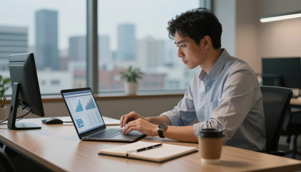 A professional financial analyst seated at a modern office desk, reviewing charts and graphs on a sleek laptop, symbolizing risk management in trading. The foreground features a well-organized workspace, with a notepad, pen, and a coffee cup. In the middle, the analyst, dressed in smart casual attire, concentrates on the data, illuminated by soft ambient lighting that creates a focused atmosphere. The background displays a large window with a city skyline, hinting at the bustling financial market outside. The overall mood reflects seriousness and diligence, with a warm color palette to evoke a sense of professionalism and commitment to risk management. No text or logos are included. A professional financial analyst seated at a modern office desk, reviewing charts and graphs on a sleek laptop, symbolizing risk management in trading. The foreground features a well-organized workspace, with a notepad, pen, and a coffee cup. In the middle, the analyst, dressed in smart casual attire, concentrates on the data, illuminated by soft ambient lighting that creates a focused atmosphere. The background displays a large window with a city skyline, hinting at the bustling financial market outside. The overall mood reflects seriousness and diligence, with a warm color palette to evoke a sense of professionalism and commitment to risk management. No text or logos are included.