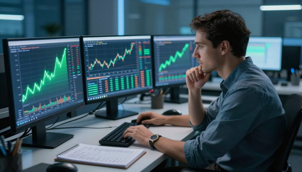 A professional trader seated at a sleek modern desk, analyzing charts and graphs on multiple high-resolution computer screens displaying financial data. The foreground features a glowing green line graph ascending, symbolizing growth and success, while the middle ground includes a notepad filled with calculations and strategies. Calming blue and green tones dominate the background, evoking a sense of focus and clarity. Soft, diffused lighting enhances the high-tech environment, highlighting the trader's thoughtful expression. The overall atmosphere is one of determination and professionalism, ideal for a financial strategy session. A professional trader seated at a sleek modern desk, analyzing charts and graphs on multiple high-resolution computer screens displaying financial data. The foreground features a glowing green line graph ascending, symbolizing growth and success, while the middle ground includes a notepad filled with calculations and strategies. Calming blue and green tones dominate the background, evoking a sense of focus and clarity. Soft, diffused lighting enhances the high-tech environment, highlighting the trader's thoughtful expression. The overall atmosphere is one of determination and professionalism, ideal for a financial strategy session.