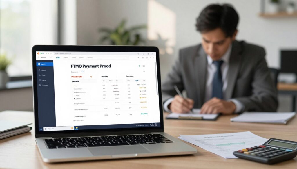 A realistic depiction of a computer screen displaying FTMO payout proof, featuring a detailed breakdown of profits in a visually appealing manner. The foreground should include a sleek laptop with a clear view of the trading platform interface; beside it, there are financial documents and a calculator. The middle layer showcases a professional person in business attire, focused on the screen while taking notes, symbolizing diligence and success. The background features a modern office setting with soft, natural light streaming through a window, casting soft shadows and creating a professional atmosphere. The overall mood should convey trust, professionalism, and achievement in the world of trading. A realistic depiction of a computer screen displaying FTMO payout proof, featuring a detailed breakdown of profits in a visually appealing manner. The foreground should include a sleek laptop with a clear view of the trading platform interface; beside it, there are financial documents and a calculator. The middle layer showcases a professional person in business attire, focused on the screen while taking notes, symbolizing diligence and success. The background features a modern office setting with soft, natural light streaming through a window, casting soft shadows and creating a professional atmosphere. The overall mood should convey trust, professionalism, and achievement in the world of trading.