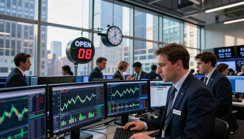 A vibrant trading room filled with energy, capturing the essence of the New York financial open. In the foreground, a focused trader in professional business attire examines multiple screens displaying live charts, candlestick patterns, and data analytics. In the middle ground, a large digital clock counts down to the market opening, surrounded by colleagues discussing strategies. The background features a panoramic view of the New York skyline through floor-to-ceiling glass windows, with the morning light streaming in, casting sharp reflections on sleek surfaces. The atmosphere is dynamic, conveying urgency and anticipation, with a color palette of blues, greens, and warm natural sunlight. Capture this moment with a 35mm lens for depth and clarity, focusing on the trader's determined expression as the day begins. A vibrant trading room filled with energy, capturing the essence of the New York financial open. In the foreground, a focused trader in professional business attire examines multiple screens displaying live charts, candlestick patterns, and data analytics. In the middle ground, a large digital clock counts down to the market opening, surrounded by colleagues discussing strategies. The background features a panoramic view of the New York skyline through floor-to-ceiling glass windows, with the morning light streaming in, casting sharp reflections on sleek surfaces. The atmosphere is dynamic, conveying urgency and anticipation, with a color palette of blues, greens, and warm natural sunlight. Capture this moment with a 35mm lens for depth and clarity, focusing on the trader's determined expression as the day begins.