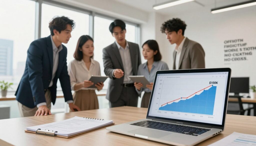 A well-organized office environment illustrating a prop firm scaling plan. In the foreground, an open laptop displays a detailed financial graph, showing a trajectory from $10k to $100k, alongside a notepad filled with notes. In the middle, a diverse group of three professionals—two men in business suits and one woman in smart casual attire—discuss strategies, pointing to the laptop screen. The background features large windows with a cityscape view, framed by clean white walls adorned with motivational quotes about growth and success. The lighting is bright and warm, creating an inviting atmosphere, while focusing on details like the reflections on the laptop screen. The overall mood conveys professionalism, optimism, and strategic planning. A well-organized office environment illustrating a prop firm scaling plan. In the foreground, an open laptop displays a detailed financial graph, showing a trajectory from $10k to $100k, alongside a notepad filled with notes. In the middle, a diverse group of three professionals—two men in business suits and one woman in smart casual attire—discuss strategies, pointing to the laptop screen. The background features large windows with a cityscape view, framed by clean white walls adorned with motivational quotes about growth and success. The lighting is bright and warm, creating an inviting atmosphere, while focusing on details like the reflections on the laptop screen. The overall mood conveys professionalism, optimism, and strategic planning.