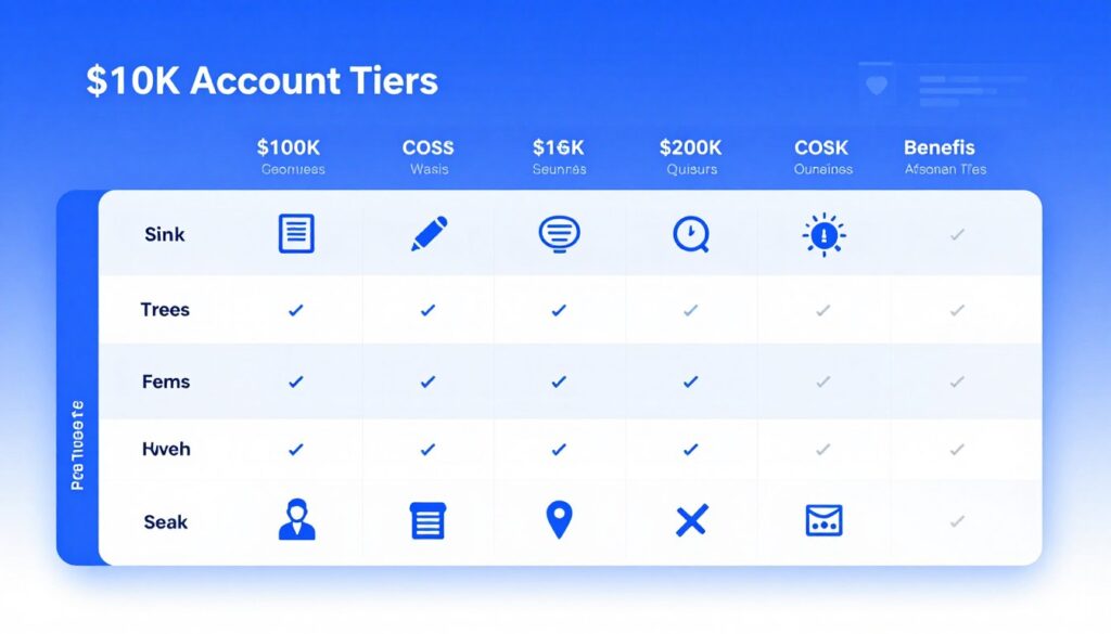 Account specifications showing different trading account sizes and their features