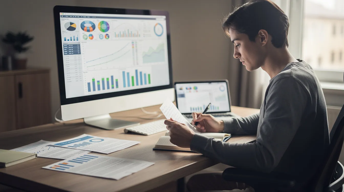 A person is sitting at a desk, calmly reviewing notes while charts related to stock trading and market prices are displayed on a monitor in the background, suggesting a focus on trading strategies and risk management. The scene captures the essence of a thoughtful approach to financial markets and investment advice.